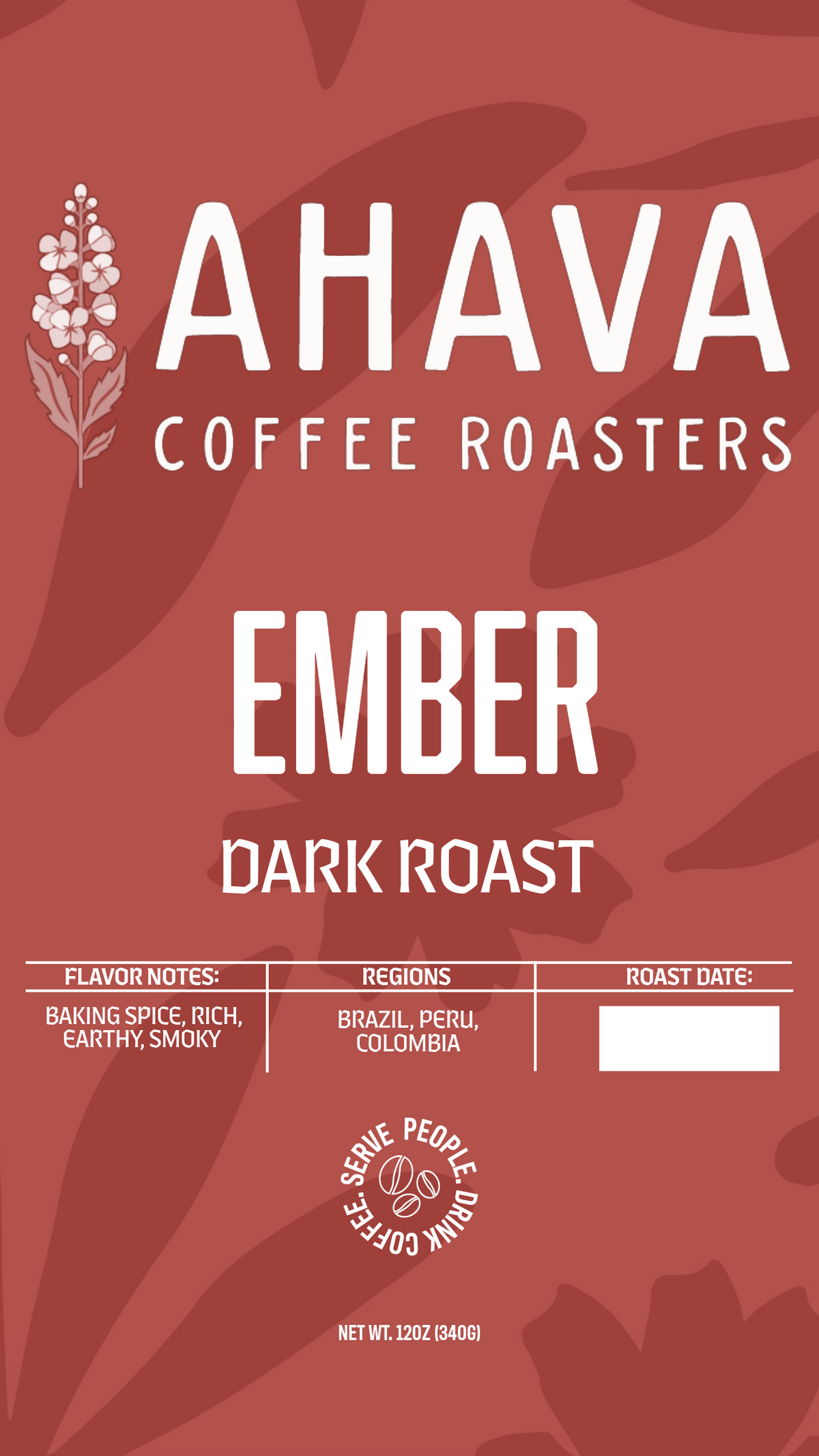 Ember dark roast coffee blend label by Ahava Coffee Roasters