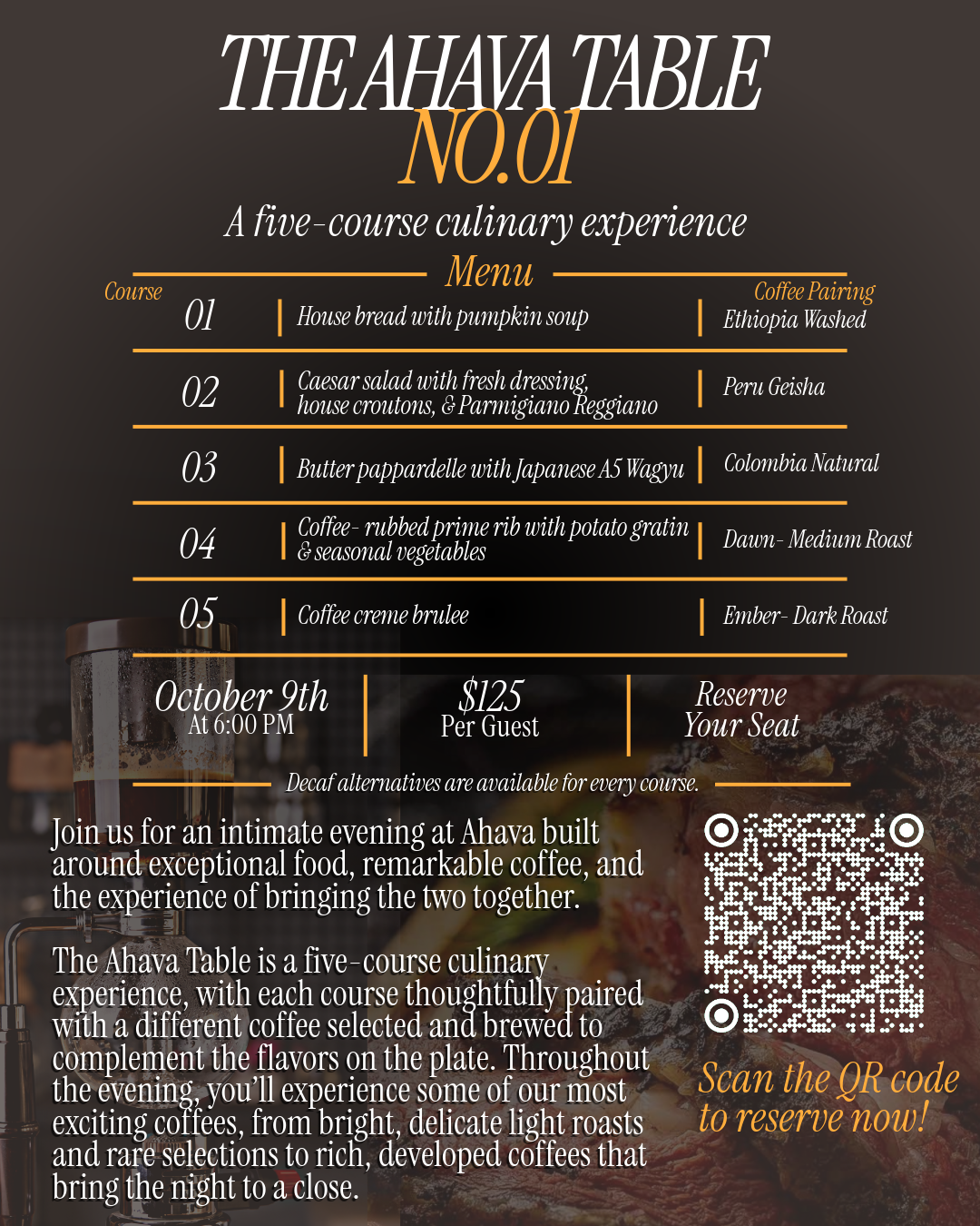 The Ahava Table No. 01 five-course coffee pairing dinner menu, October 9 at 6 PM, $125 per guest